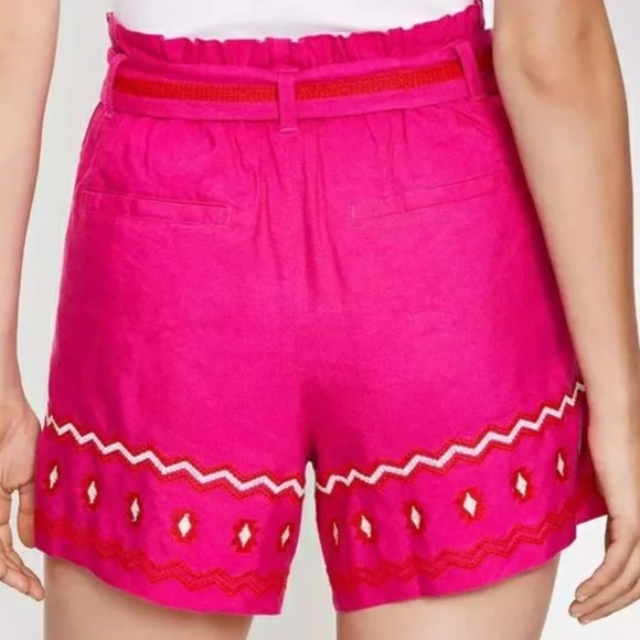 LOFT Linen Aztec High Waisted Belted Paper Bag Embroidered Shorts Pink Red White - Picture 4 of 13